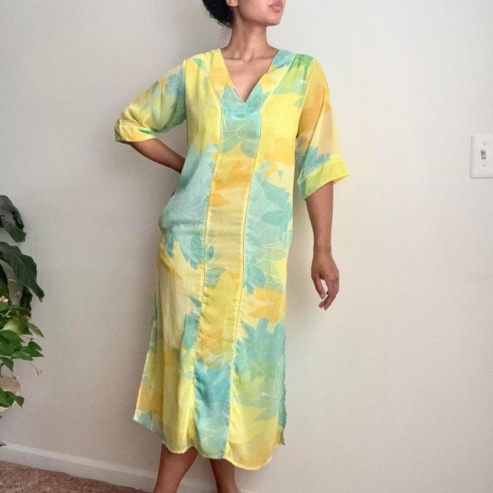 Vintage Barbizon Yellow Blue Kaftan floral maxi midi small dayglow print caftan